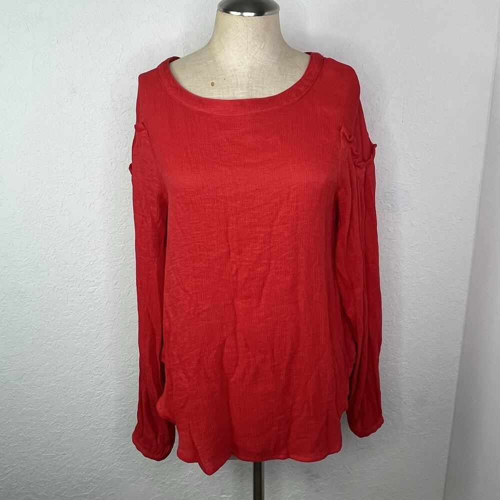 Umgee Red Long Sleeve Blouse Ruffles insert on sleeves, Size S, cotton blend